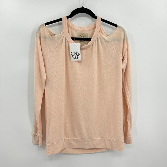 NWT CHASER Blush Pink Cold Shoulder Crew Neck Comfy Cozy Sweatshirt Size Medium - Picture 1 of 4